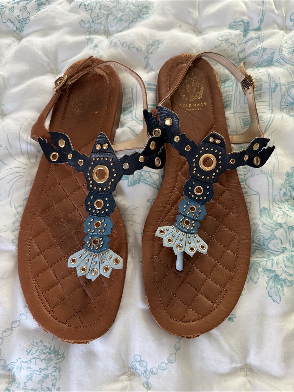 Cole Haan Brown Leather T-Strap Sandals with Navy & Light Blue Embellishments
